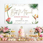 Tropical Palm Leaf Bat Mitzvah Gold Script Welcome Banner<br><div class="desc">Be proud, rejoice and showcase this milestone of your favourite Bat Mitzvah! Hang up this stunning, modern, stylish, personalized banner to add to her special day. Stylish, stunning, colourful, tropical watercolor birds of paradise flowers, faux gold handwritten script, Star of David and glitter dots, along with dark rose pink and...</div>