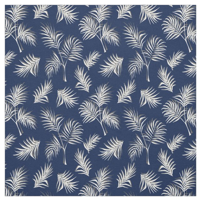 Tropical Palm Leaf Blue and White Pattern Fabric (Swatch)