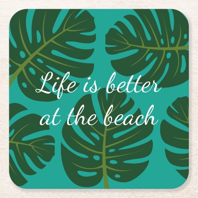 Tropical palm leaf floral print drink coasters (Front)