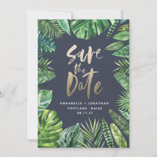 Tropical palm leaf foliage and gold script save the date