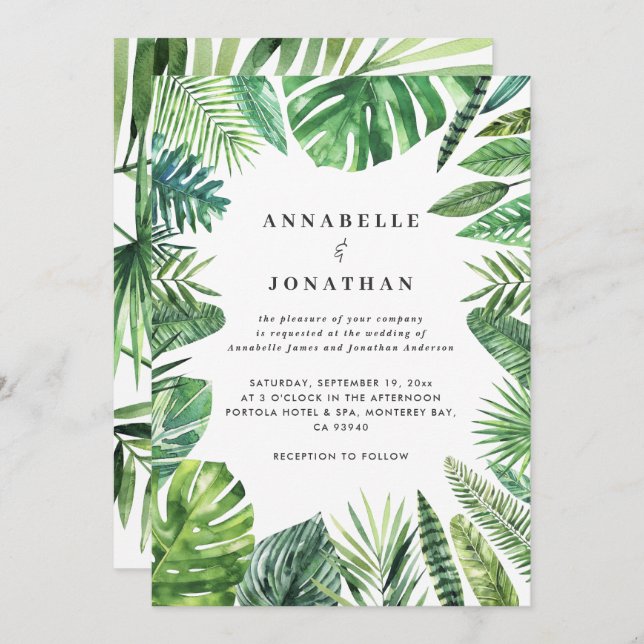 Tropical palm leaf foliage wedding invitation (Front/Back)