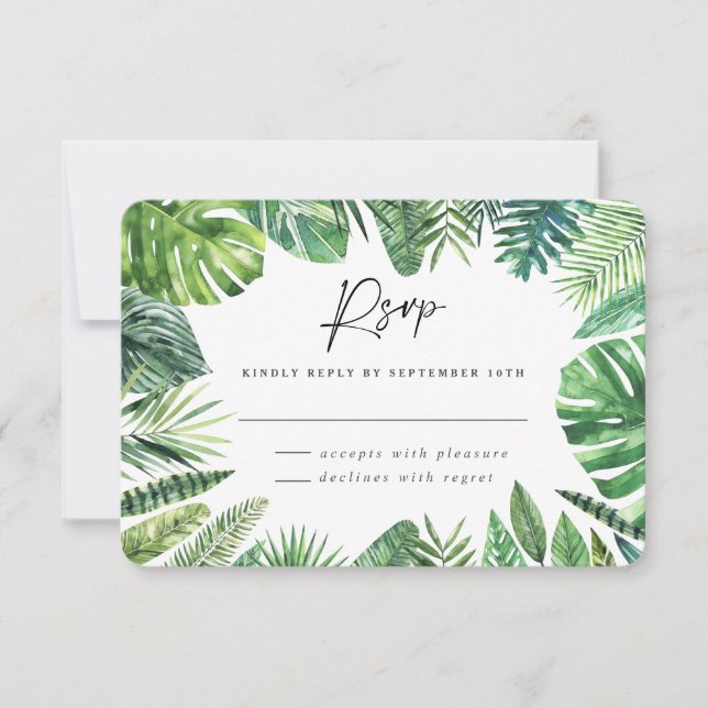 Tropical palm leaf foliage wedding rsvp reply  card (Front)