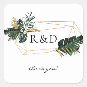 Tropical Palm Leaf Gold 2 Monogram -  Square Sticker