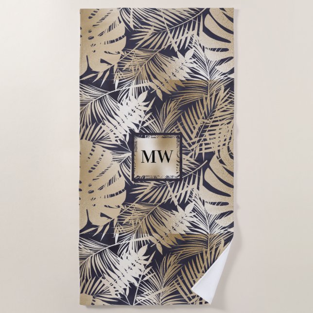 Tropical palm leaf gold navy blue monogram island beach towel (Front)