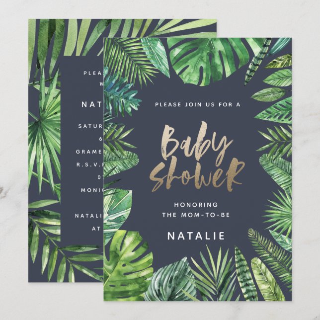 Tropical palm leaf & gold script baby shower card (Front/Back)