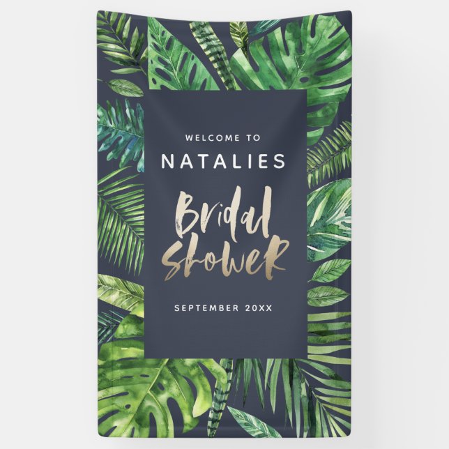 Tropical palm leaf & gold script bridal shower banner (Vertical)