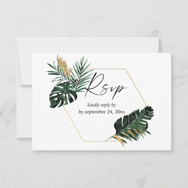 Tropical Palm Leaf Gold with Meal RSVP Card (Front)