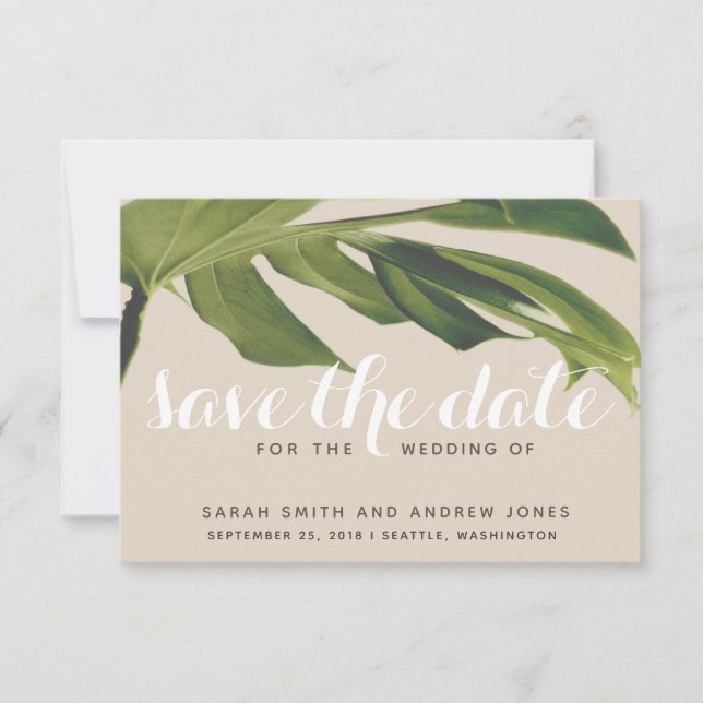 Tropical Palm Leaf Green and Tan Save the Date (Front)