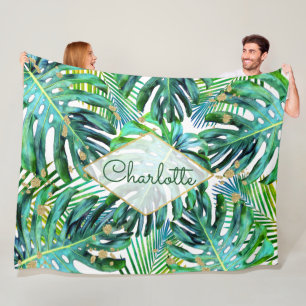 Tropical Palm Leaf Greenery Pattern Gold Glitter Fleece Blanket