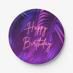 Tropical Palm Leaf Happy Birthday Paper Plate