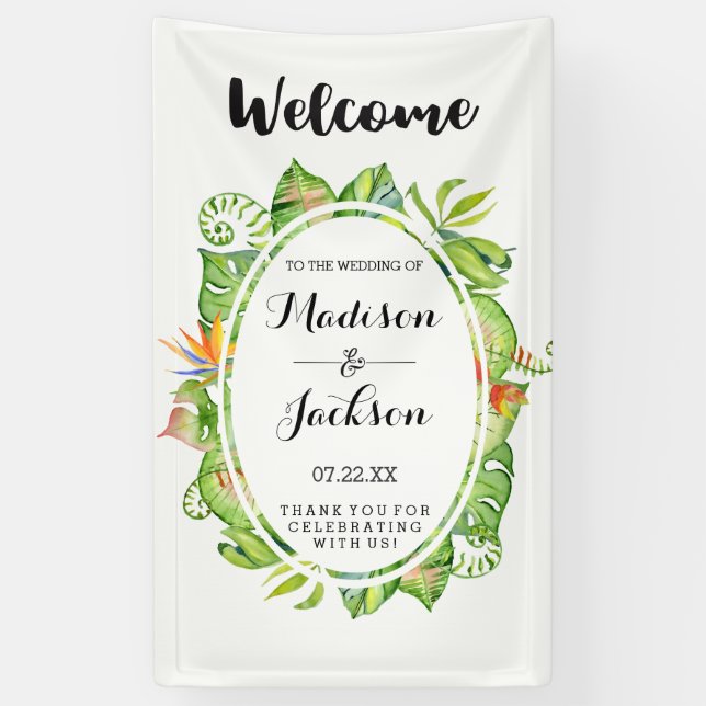 Tropical Palm Leaf Island Wreath Wedding Welcome Banner (Vertical)