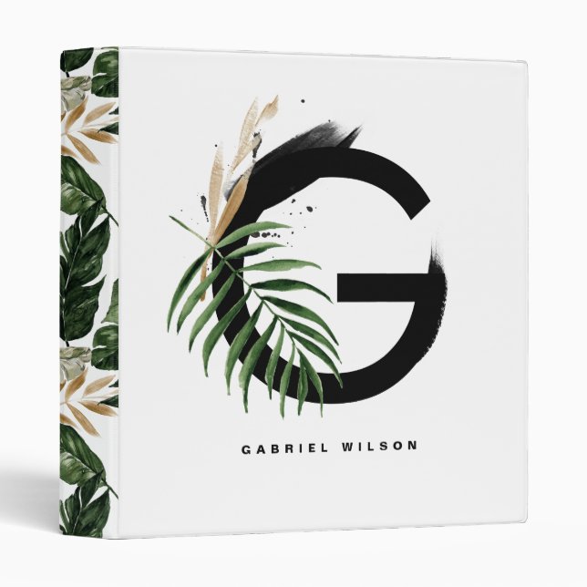 Tropical Palm Leaf Letter G Monogram Personalized Binder (Front/Spine)