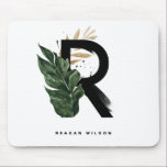 Tropical Palm Leaf Letter R Monogram Personalized Mouse Pad<br><div class="desc">Customizable letter R monogram mousepad featuring watercolor tropical palm leaf,  faux gold foil leaf and black watercolor brush accents. Personalize this tropical monogram mousepad by your name or other details. This boho letter R monogram mousepad will be perfect as a gift. Other letters are available.</div>