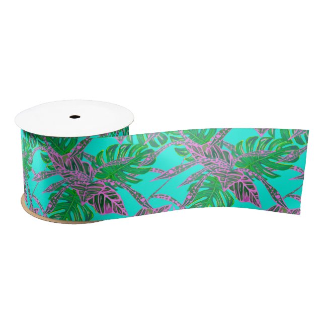 Tropical Palm leaf monstera coleus turquoise pink Satin Ribbon (Spool)