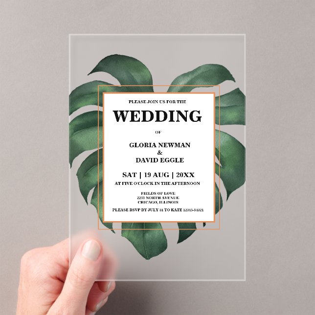 Tropical Palm Leaf  Monstera Wedding  Acrylic Invitations (Insitu (Handheld))