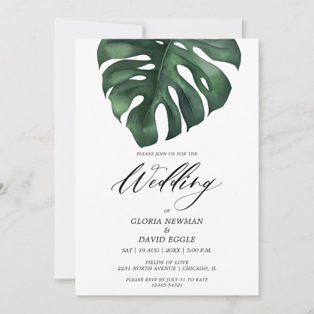 Tropical Palm Leaf Monstera Wedding Invitation (Front)
