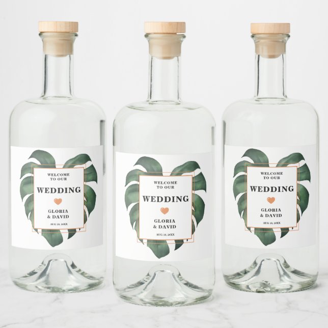 Tropical Palm Leaf Monstera Wedding Liquor Bottle Label (Bottles)