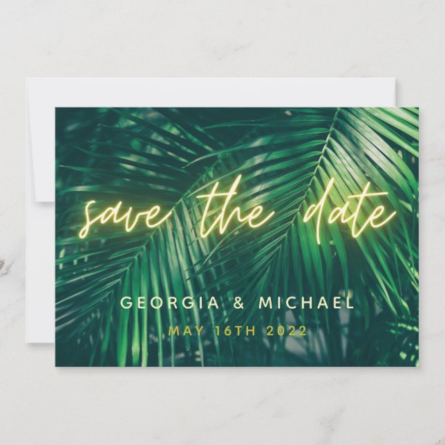 tropical palm leaf neon script modern trendy save the date (Front)