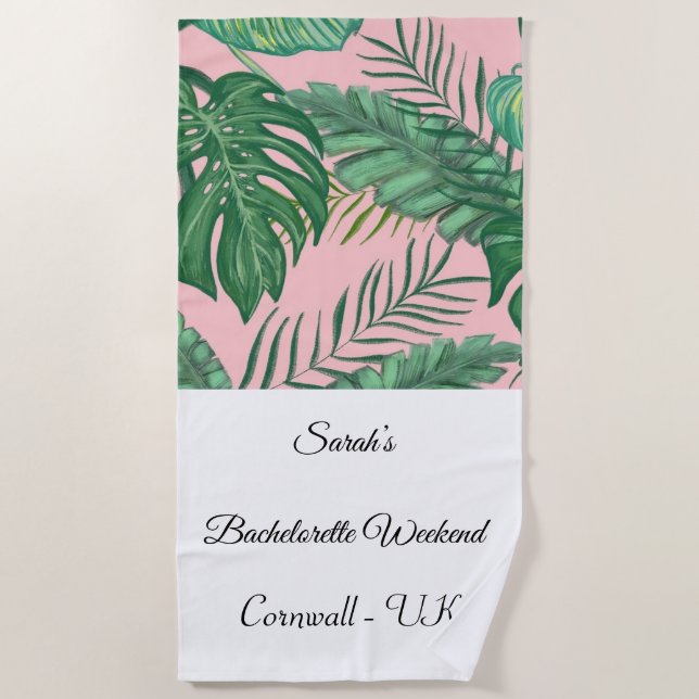 Tropical Palm Leaf Pink Bachelorette Beach Towel (Front)