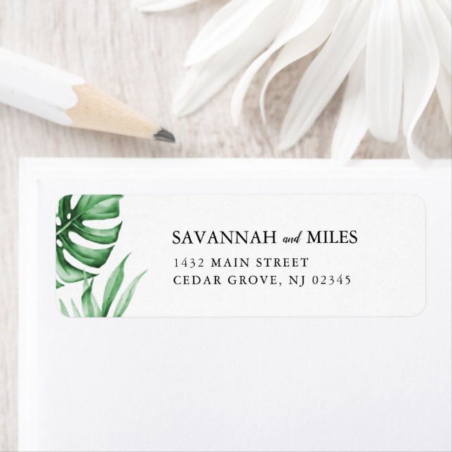 Tropical palm leaf RSVP envelope label (Insitu)