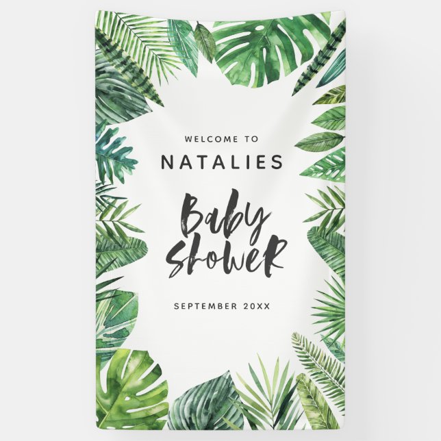 Tropical palm leaf & script baby shower banner (Vertical)