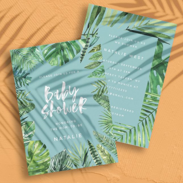 Tropical palm leaf & script baby shower invitation (Creator Uploaded)