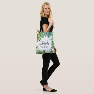 Tropical palm leaf & script bachelorette holiday tote bag