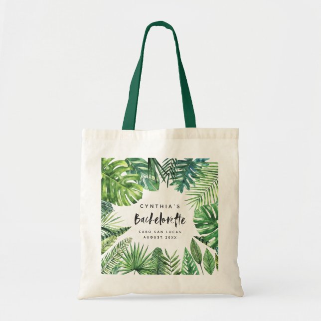 Tropical palm leaf & script bachelorette holiday tote bag (Front)