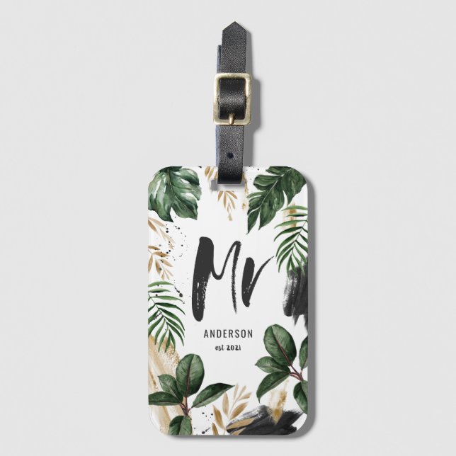 Tropical palm leaf & script mr luggage tag (Front Vertical)