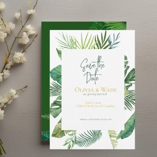Tropical Palm Leaf Script Save-the-Date Invitation