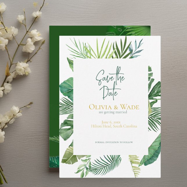 Tropical Palm Leaf Script Save-the-Date Invitation (Creator Uploaded)