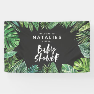 Tropical palm leaf script virtual baby shower banner