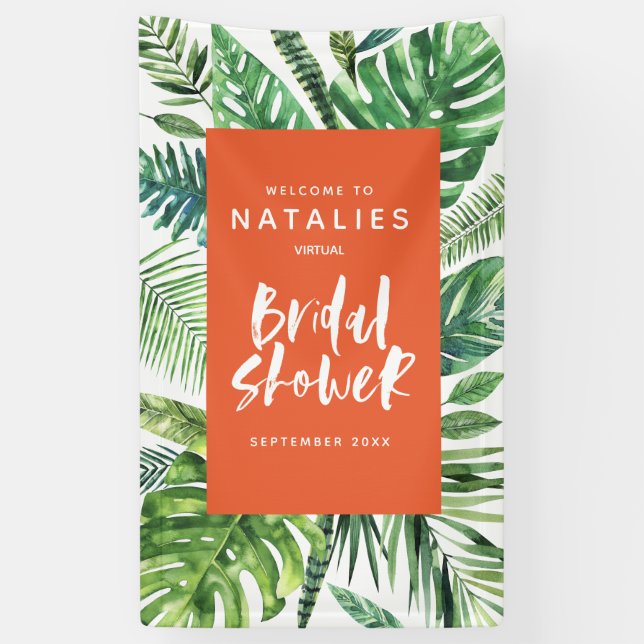 Tropical palm leaf script virtual bridal shower banner (Vertical)