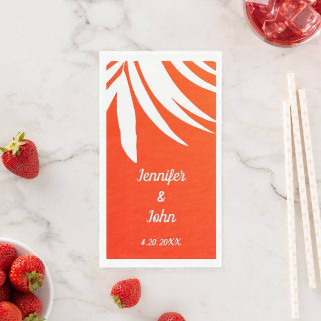 Tropical Palm Leaf Sunset Orange Beach Wedding Napkin (Insitu)
