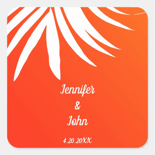 Tropical Palm Leaf Sunset Orange Beach Wedding Square Sticker (Front)