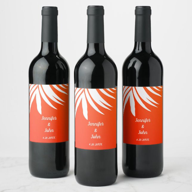 Tropical Palm Leaf Sunset Orange Beach Wedding Wine Label (Bottles)
