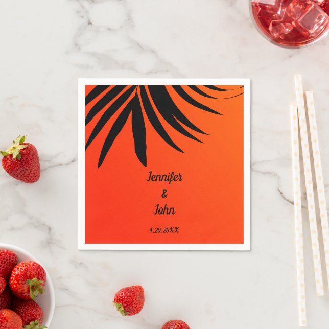 Tropical Palm Leaf Sunset Orange Modern Wedding Napkin (Insitu)