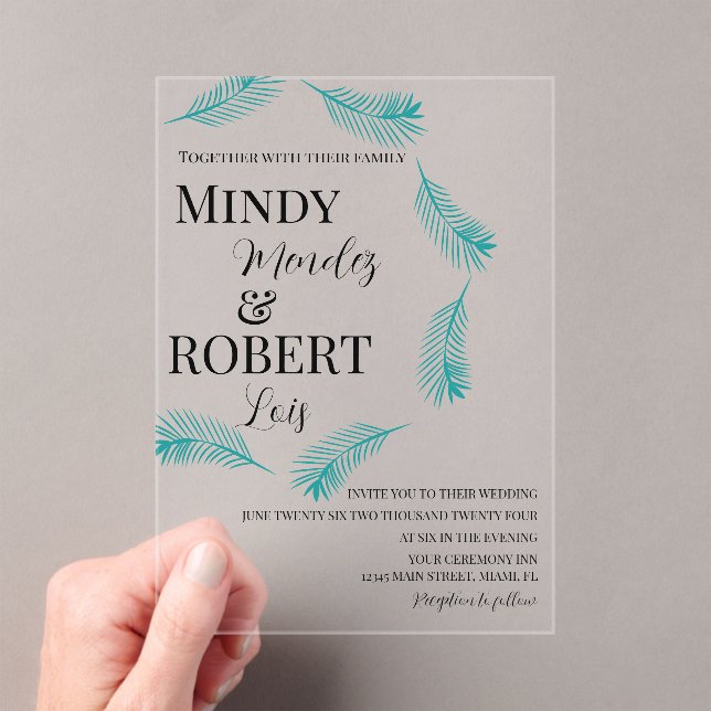 Tropical Palm Leaf Teal Wedding Invitation (Insitu (Handheld))