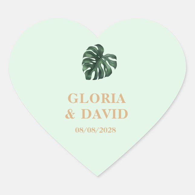 Tropical Palm Leaf  Wedding Heart Sticker (Front)
