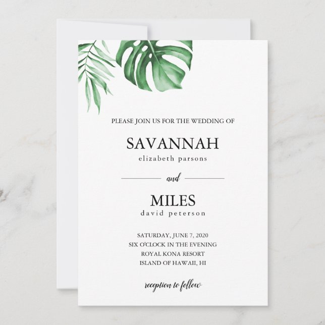 Tropical palm leaf wedding invitation (Front)