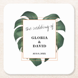 Tropical Palm Leaf Wedding Square Paper Coaster