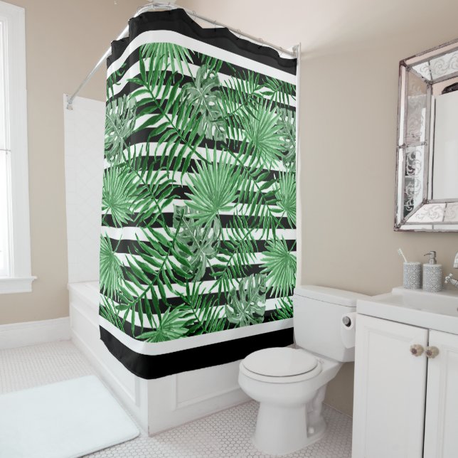 Tropical Palm Leafs Black White Stripes Pattern (In Situ)