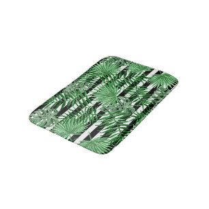 Tropical Palm Leafs Black White Stripes Pattern Bath Mat