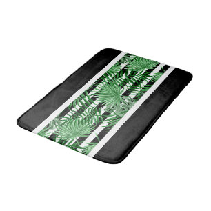 Tropical Palm Leafs Black White Stripes Pattern Bath Mat