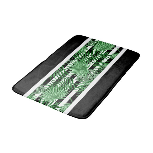Tropical Palm Leafs Black White Stripes Pattern Bath Mat (Angled)