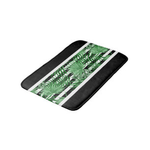 Tropical Palm Leafs Black White Stripes Pattern Bath Mat