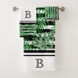 Tropical Palm Leafs Black White Stripes Pattern Bath Towel Set