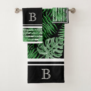 Tropical Palm Leafs Black White Stripes Pattern Bath Towel Set