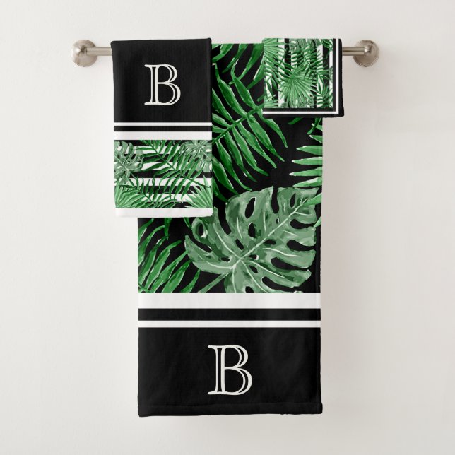 Tropical Palm Leafs Black White Stripes Pattern Bath Towel Set (Insitu)