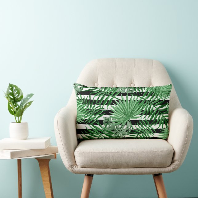 Tropical Palm Leafs Black White Stripes Pattern Lumbar Pillow (Chair)